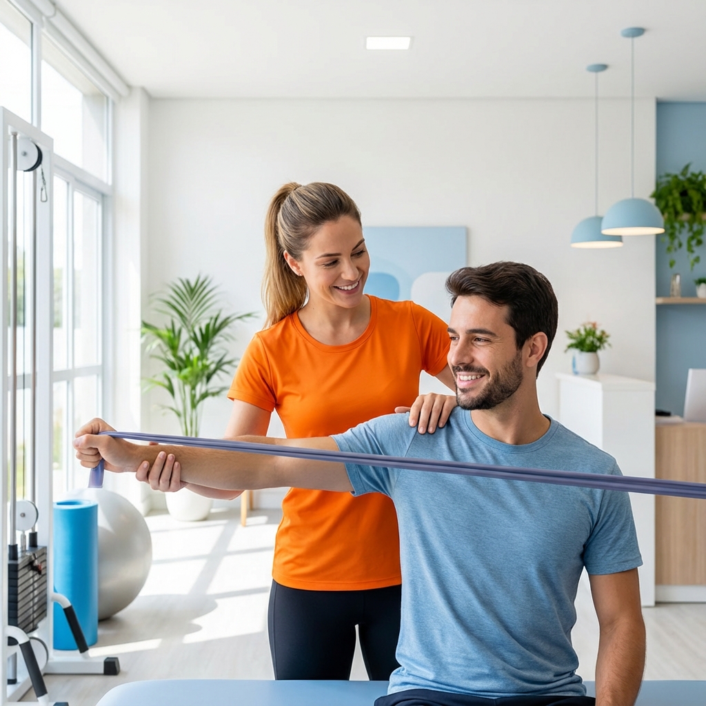 Fisioterapeuta com camiseta laranja realizando tratamento em Osasco
